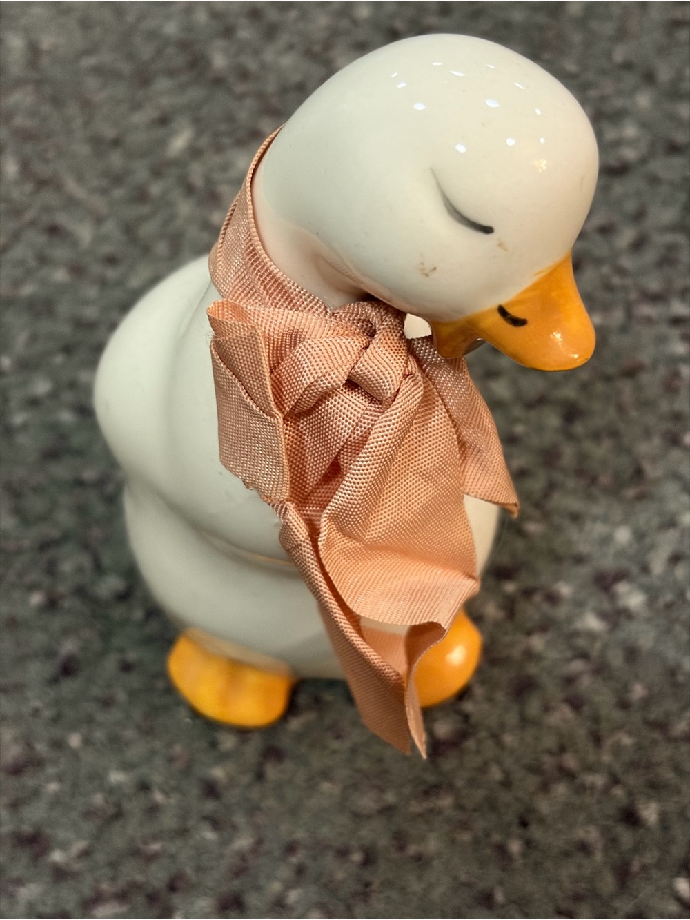 Vintage Ceramic Duck Figurine with Peach Ribbon